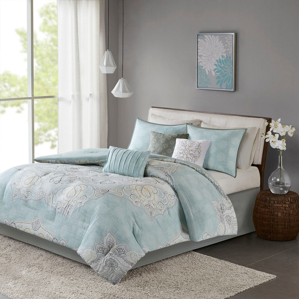 Madison Park Lucinda 7 Piece Reversible Cotton Sateen Comforter Set - Seafoam - Cal King Size