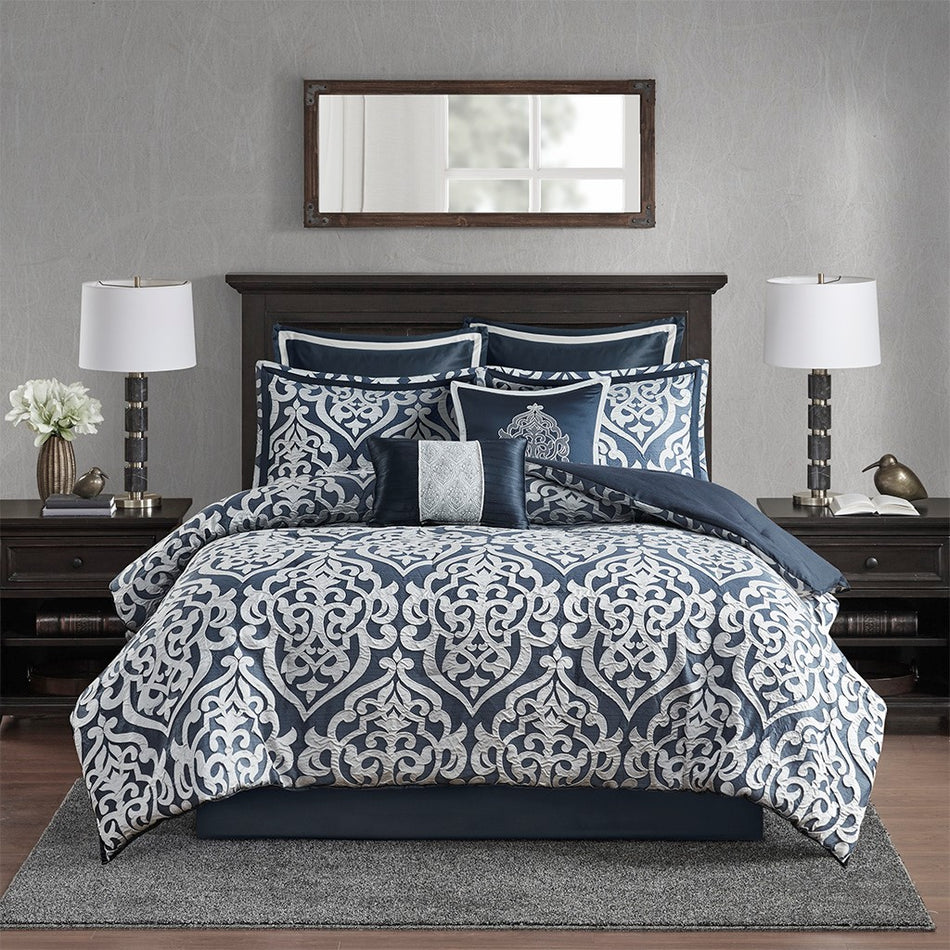 Odette 8 Piece Jacquard Comforter Set - Navy - Queen Size