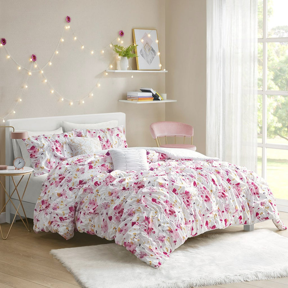 Laci Ruched Comforter Set - Pink - Full Size / Queen Size