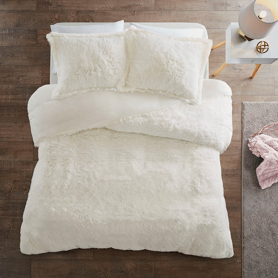 Malea Shaggy Fur Duvet Cover Set - Ivory - King Size