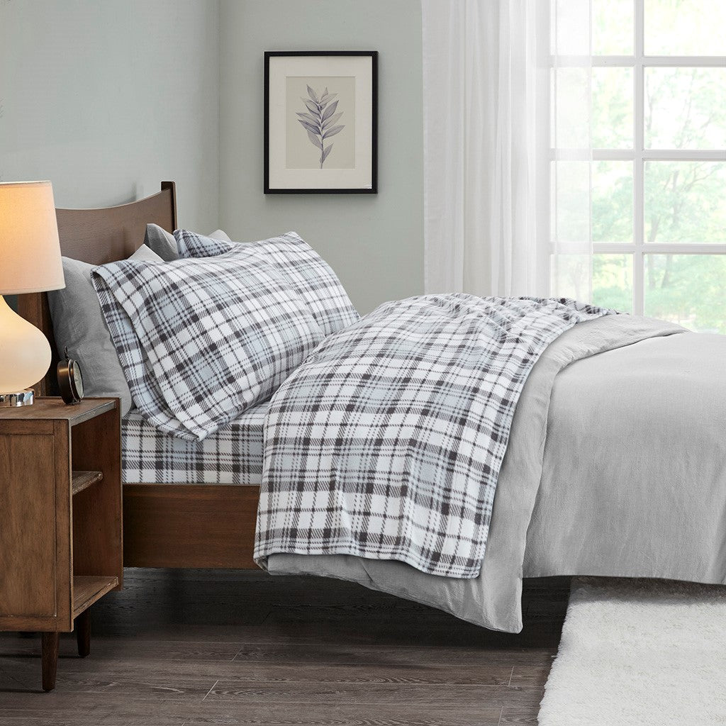 True North by Sleep Philosophy Micro Fleece Sheet Set - Grey Plaid - Queen Size