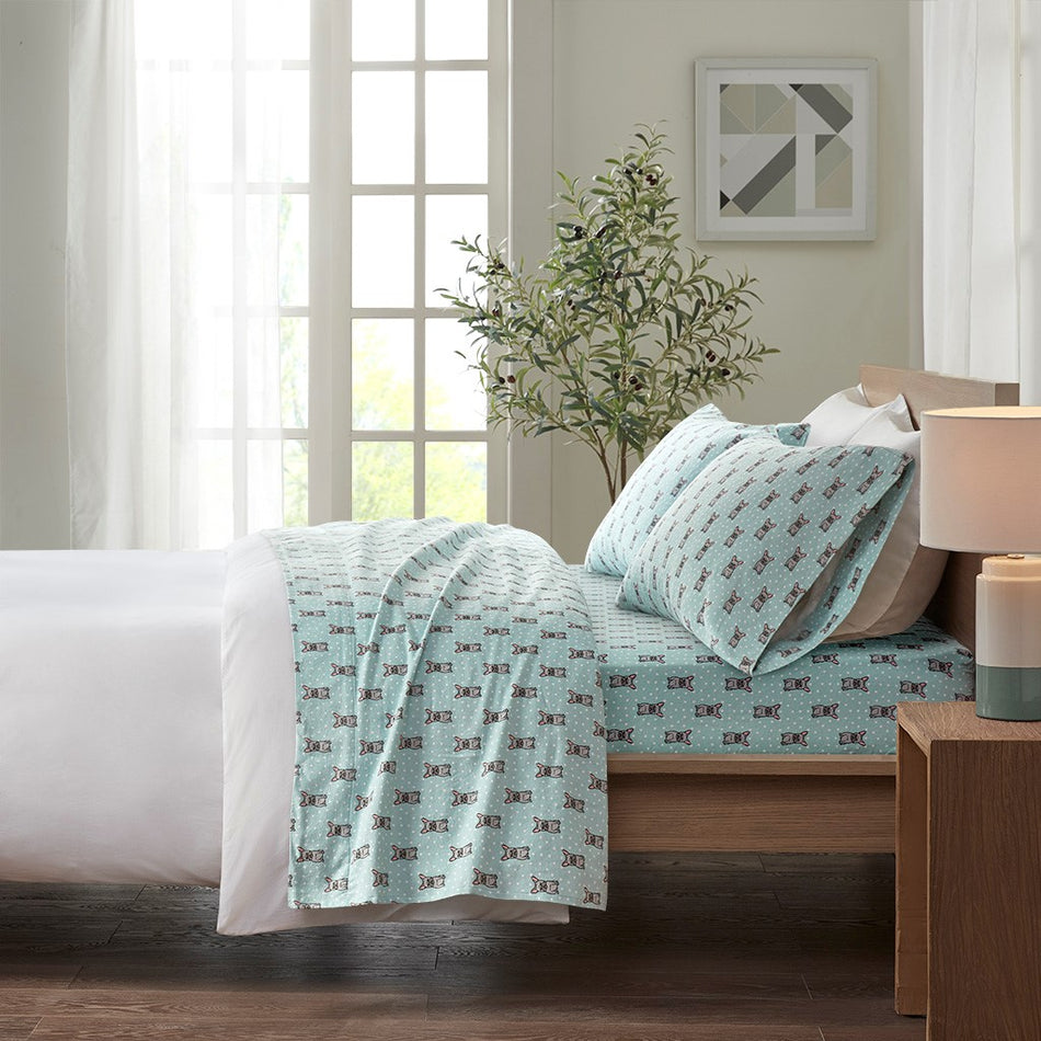 True North by Sleep Philosophy Cozy Cotton Flannel Printed Sheet Set - Aqua French Bulldog  - King Size Shop Online & Save - expresshomedirectr.com