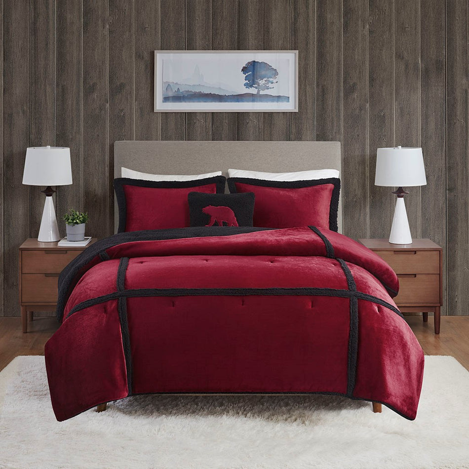 Orlen Plush to Sherpa Comforter Set - Red - King Size