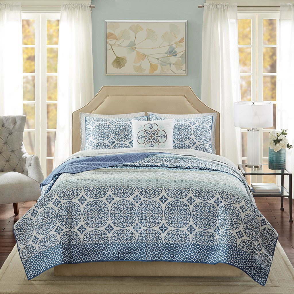 Madison Park Essentials Sybil 6 Piece Quilt Set with Cotton Bed Sheets - Blue  - Twin Size Shop Online & Save - expresshomedirectr.com