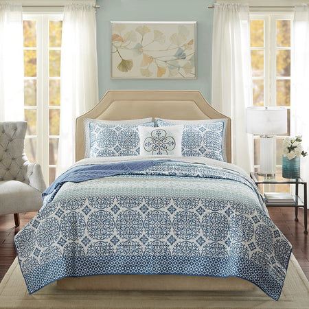 Madison Park Essentials Sybil 8 Piece Quilt Set with Cotton Bed Sheets - Blue  - King Size Shop Online & Save - expresshomedirectr.com