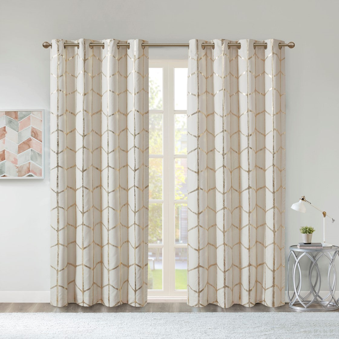 Intelligent Design Raina Total Blackout Metallic Print Grommet Top Curtain Panel - Ivory / Gold - 50x63"