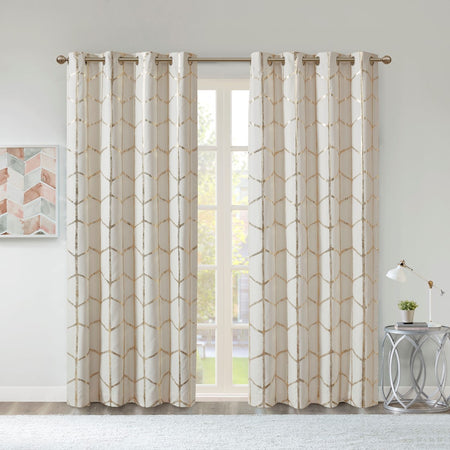 Intelligent Design Raina Total Blackout Metallic Print Grommet Top Curtain Panel - Ivory / Gold - 50x84"