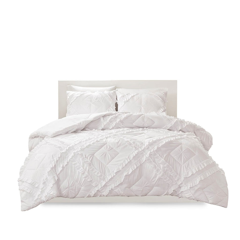 Kacie Solid Quilt Set With Tufted Diamond Ruffles - White - Full Size / Queen Size