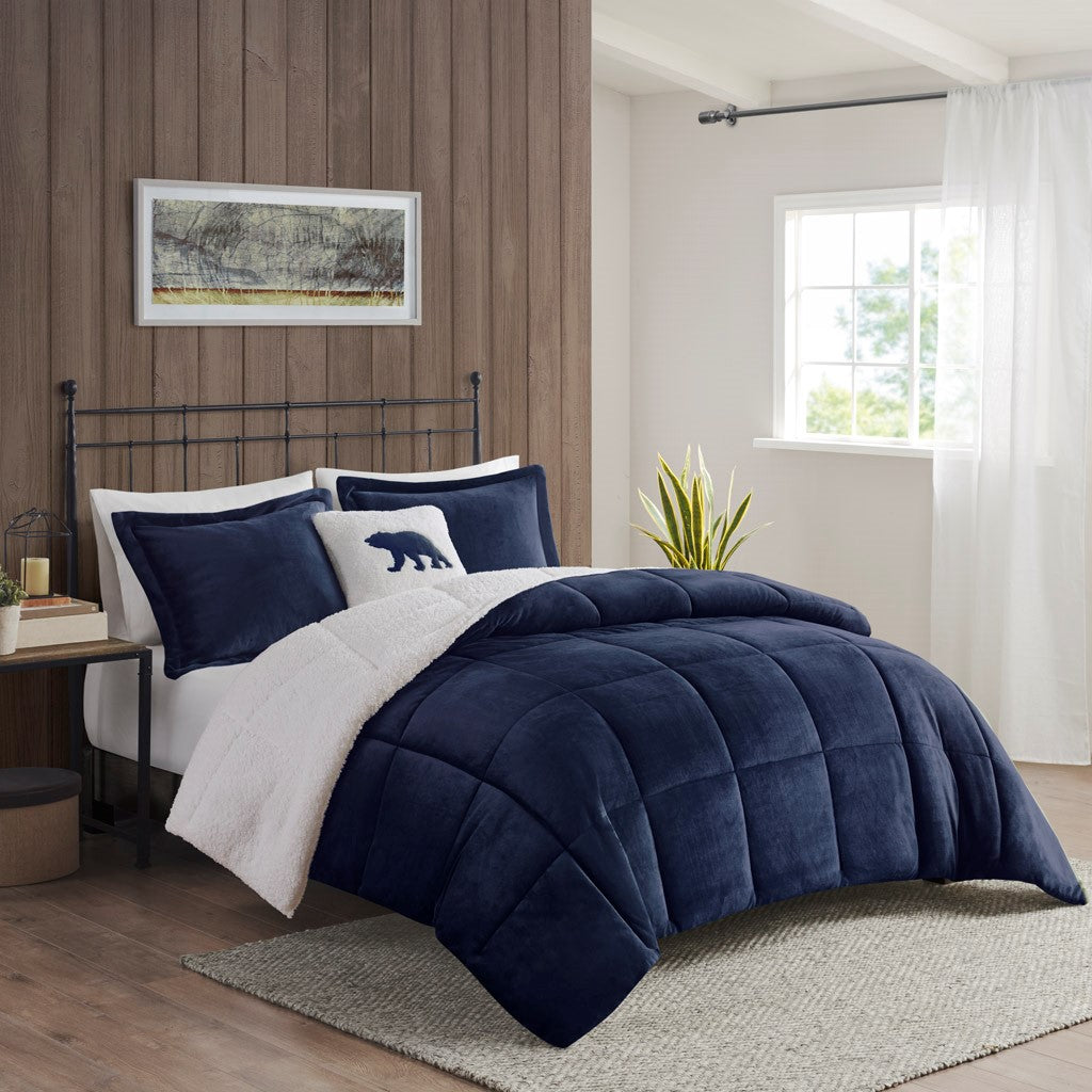 Woolrich Alton Plush to Sherpa Down Alternative Comforter Set - Navy / Ivory - King Size