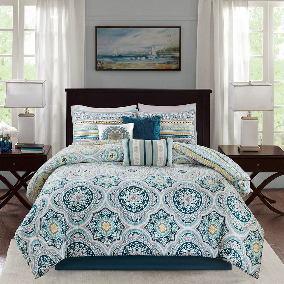 Mercia 7 Piece Reversible Cotton Sateen Comforter Set - Teal - King Size