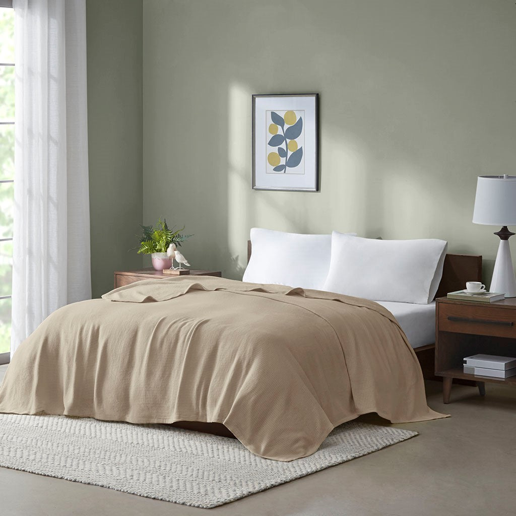 Madison Park Freshspun Basketweave Cotton Blanket - Khaki - Full Size / Queen Size