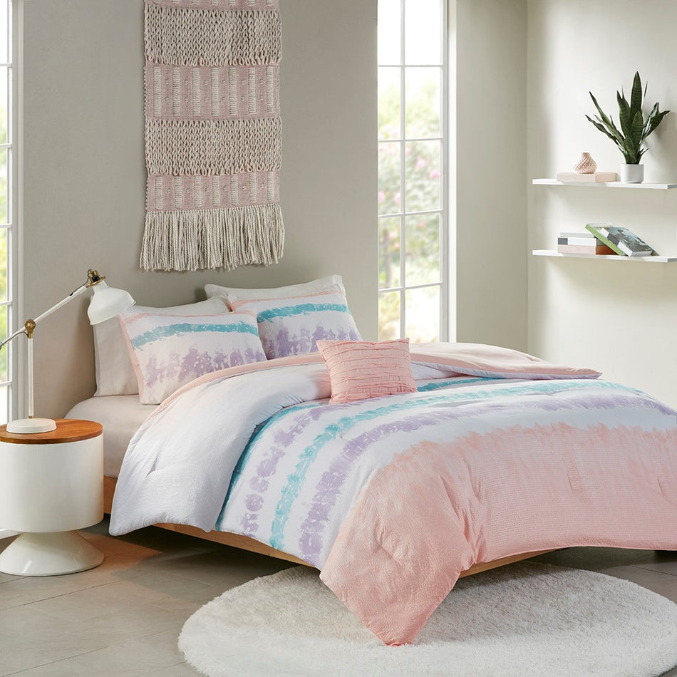 Loriann Tie Dye Printed Seersucker Comforter Set - Pink / Purple - Twin Size / Twin XL Size