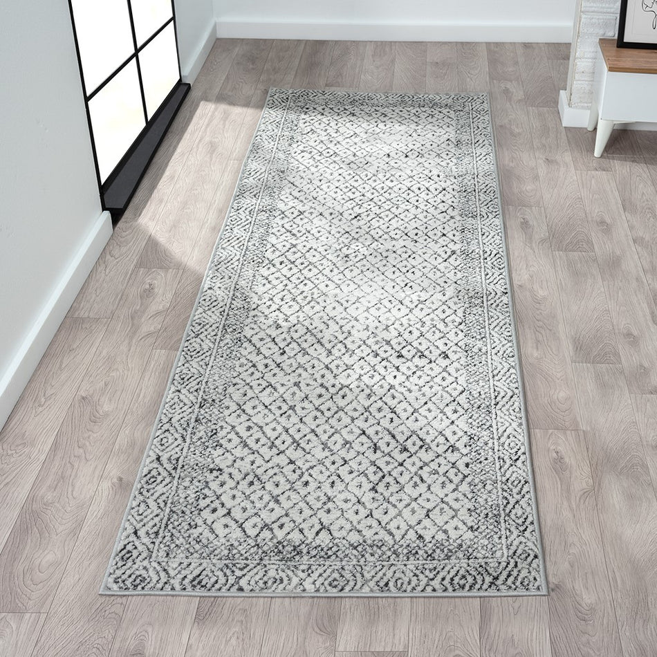 Madison Park Kenzie Moroccan Bordered Global Woven Area Rug - Grey / Cream - 3x8' Runner