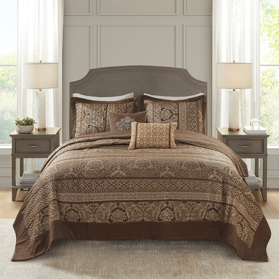 Bellagio 5 Piece Reversible Jacquard Bedspread Set - Brown / Gold - Queen Size