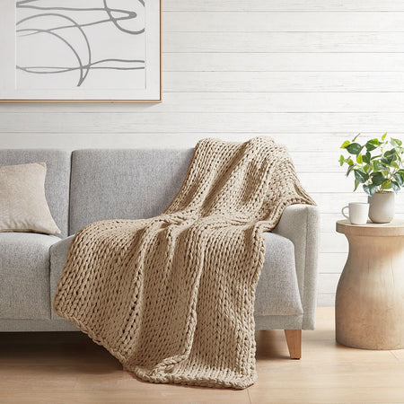 Madison Park Chunky Double Knit Handmade Throw - Tan - 50x60"