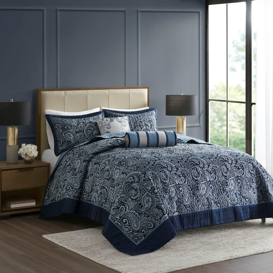 Madison Park Aubrey 5 Piece Reversible Jacquard Bedspread Set - Navy - King Size