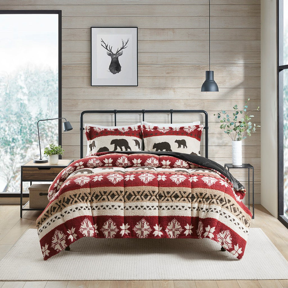 Woolrich Tunbridge Print Sherpa Comforter Set - Red / Black  - King Size / Cal King Size Shop Online & Save - expresshomedirectr.com