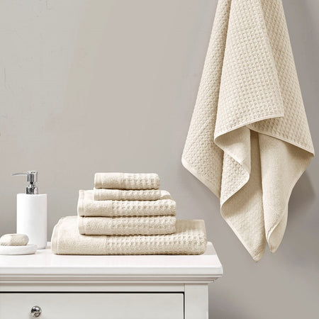 Madison Park Spa Waffle Cotton Waffle Jacquard Antimicrobial Bath Towel 6 Piece Set - Taupe 