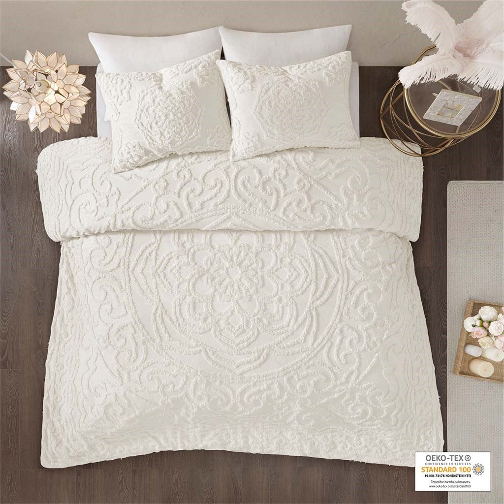 Madison Park Laetitia 3-Piece Tufted Cotton Chenille Medallion Duvet Cover Set - Off White - Full Size / Queen Size