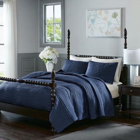 Madison Park Signature Serene 3 Piece Hand Quilted Cotton Quilt Set - Blue - King Size