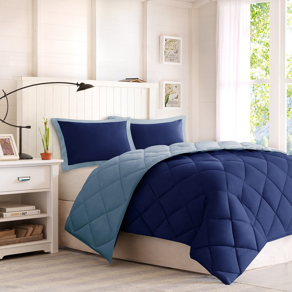 Larkspur 3M Scotchgard Diamond Quilting Reversible Down Alternative Comforter Set - Navy / Light Blue - King Size