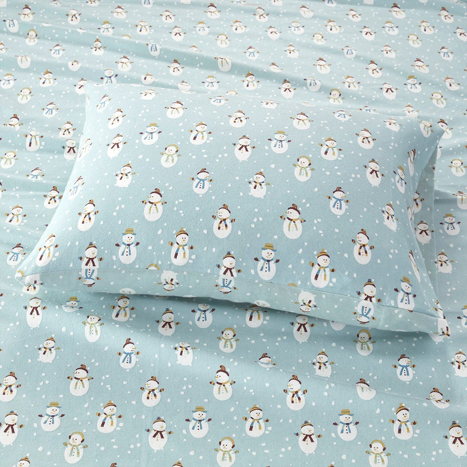 Cozy Cotton Flannel Printed Sheet Set - Blue Snowmen - Full Size