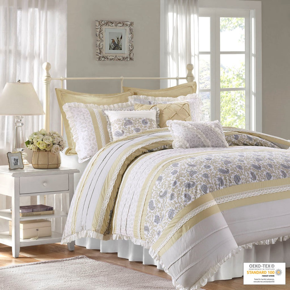 Madison Park Dawn 9 Piece Cotton Percale Comforter Set - Yellow - Cal King Size