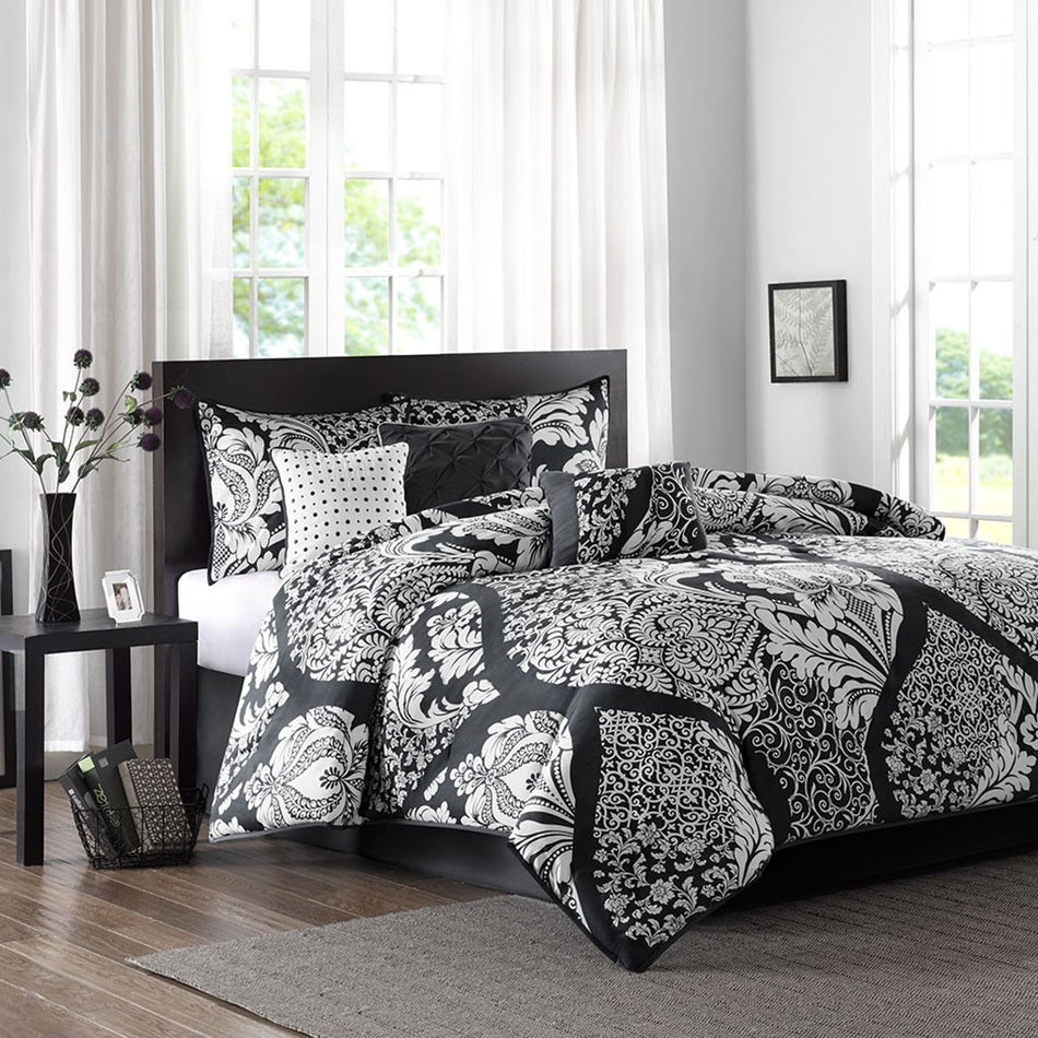 Madison Park Vienna 7 Piece Cotton Printed Comforter Set - Black - Queen Size