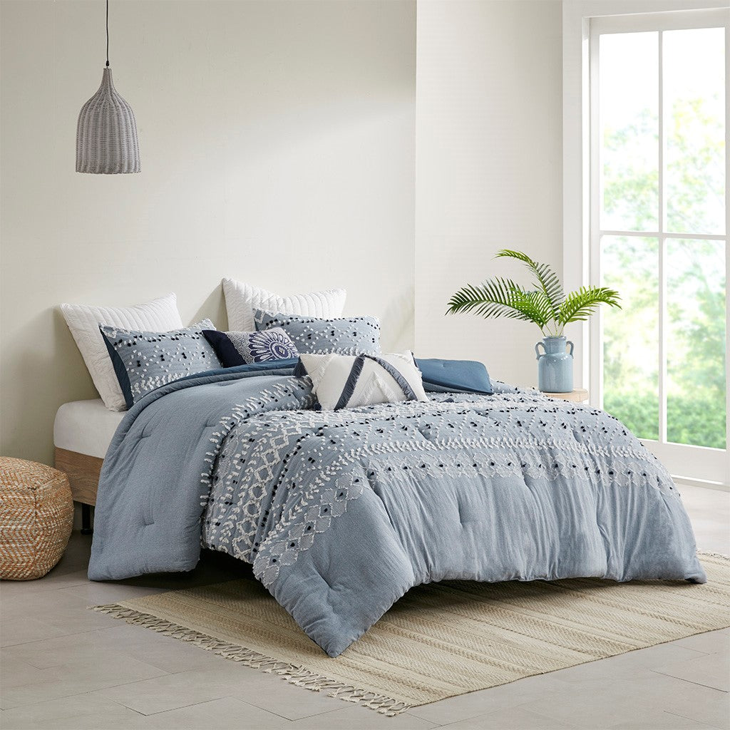 INK+IVY Dora Organic Cotton Chambray 3 Piece Comforter Set - Blue - King Size / Cal King Size