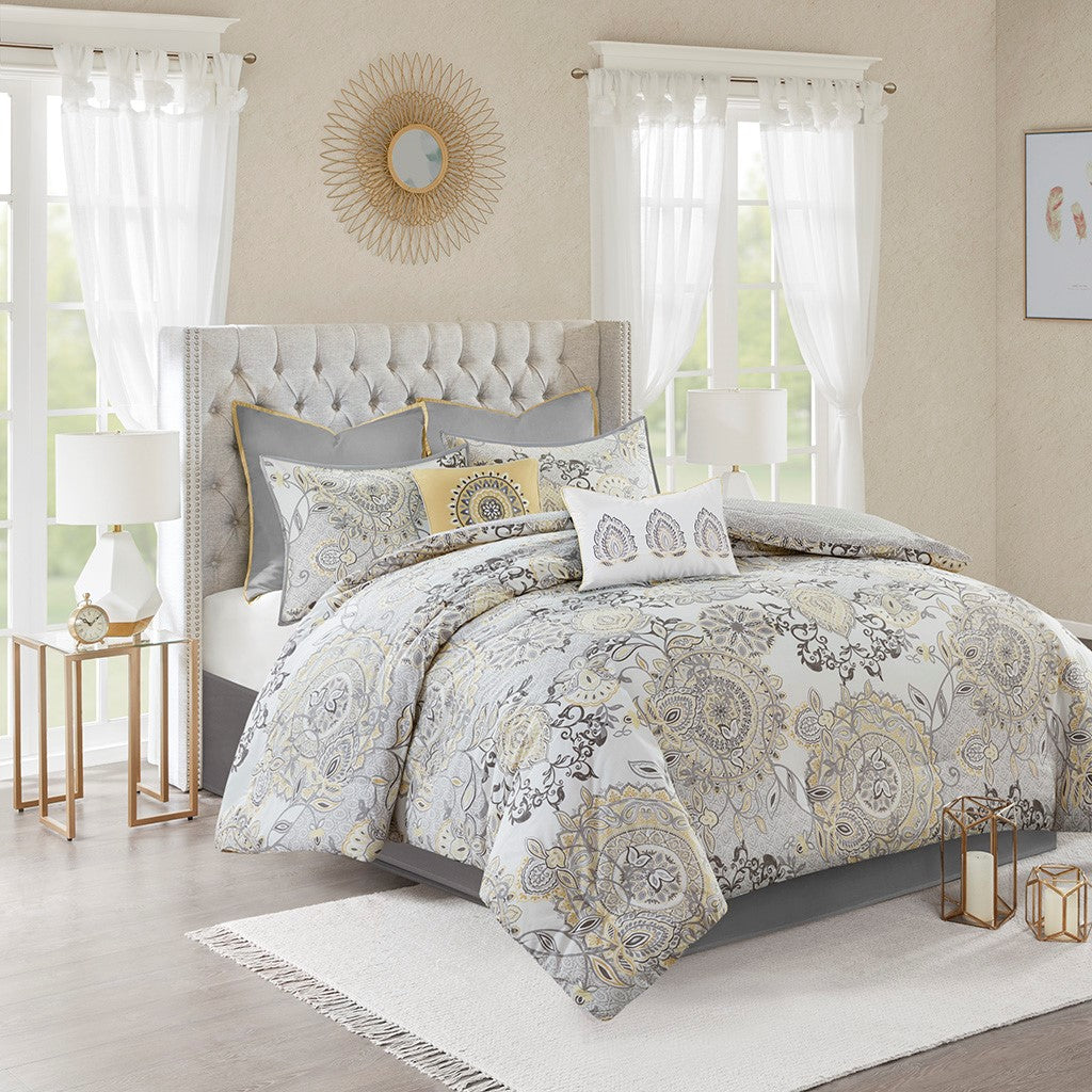 Madison Park Isla 8 Piece Cotton Floral Printed Reversible Comforter Set
 - Yellow - Cal King - MP10-8157