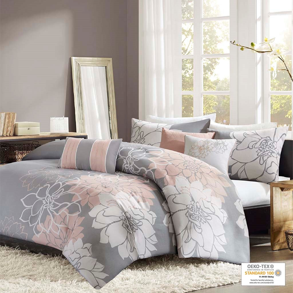 Madison Park Lola 6 Piece Printed Duvet Cover Set - Grey / Blush - Full Size / Queen Size