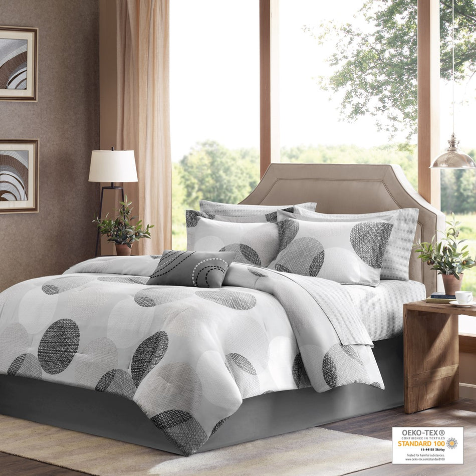 Knowles 9 Piece Comforter Set with Cotton Bed Sheets - Grey - Cal King Size