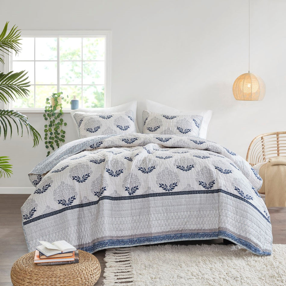 Suri 3 Piece Reversible Cotton Coverlet Set - Indigo - Full Size / Queen Size