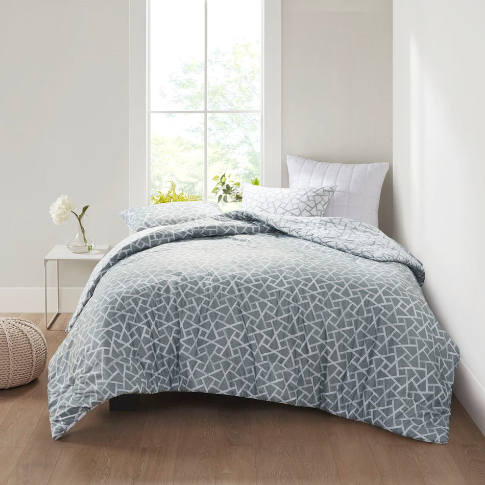 Soho Geo 3 Piece Reversible Duvet Cover Mini Set - Grey / White - King Size / Cal King Size