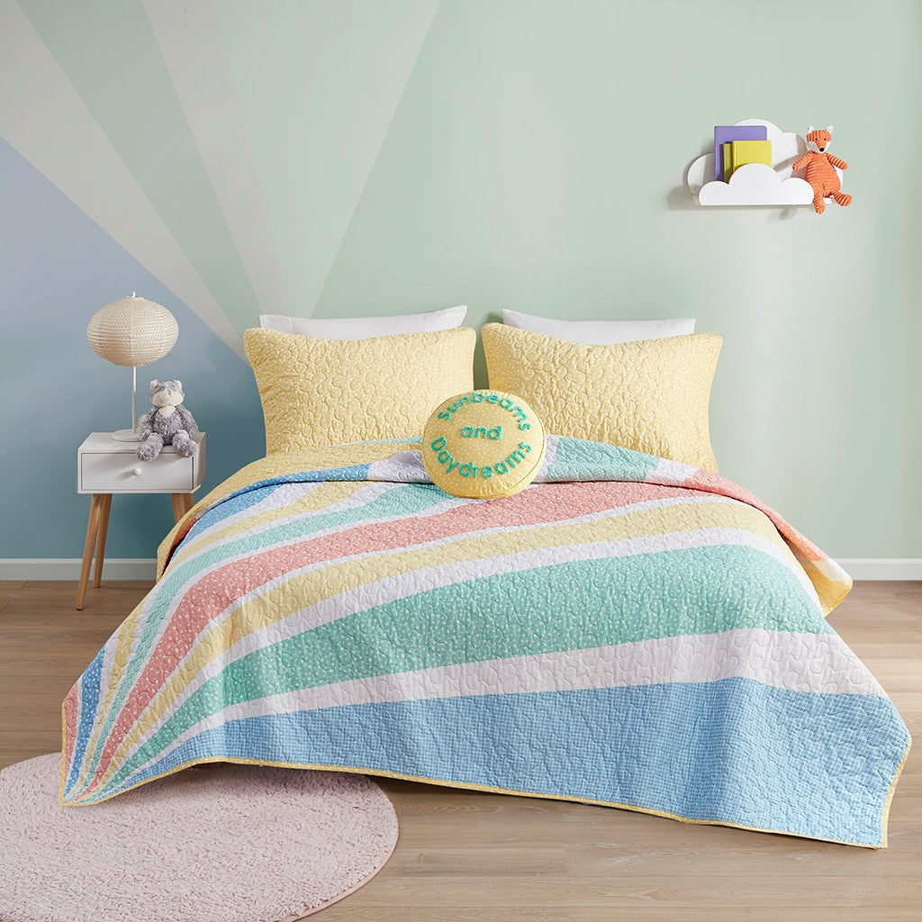 Urban Habitat Kids Rory Rainbow Sunburst Reversible Cotton Quilt Set with Throw Pillow - Yellow  - Twin Size Shop Online & Save - expresshomedirectr.com