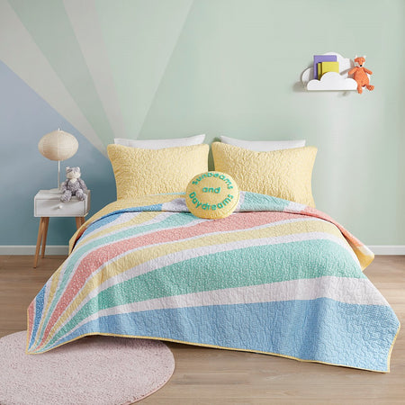 Urban Habitat Kids Rory Rainbow Sunburst Reversible Cotton Quilt Set with Throw Pillow - Yellow  - Full Size / Queen Size Shop Online & Save - expresshomedirectr.com