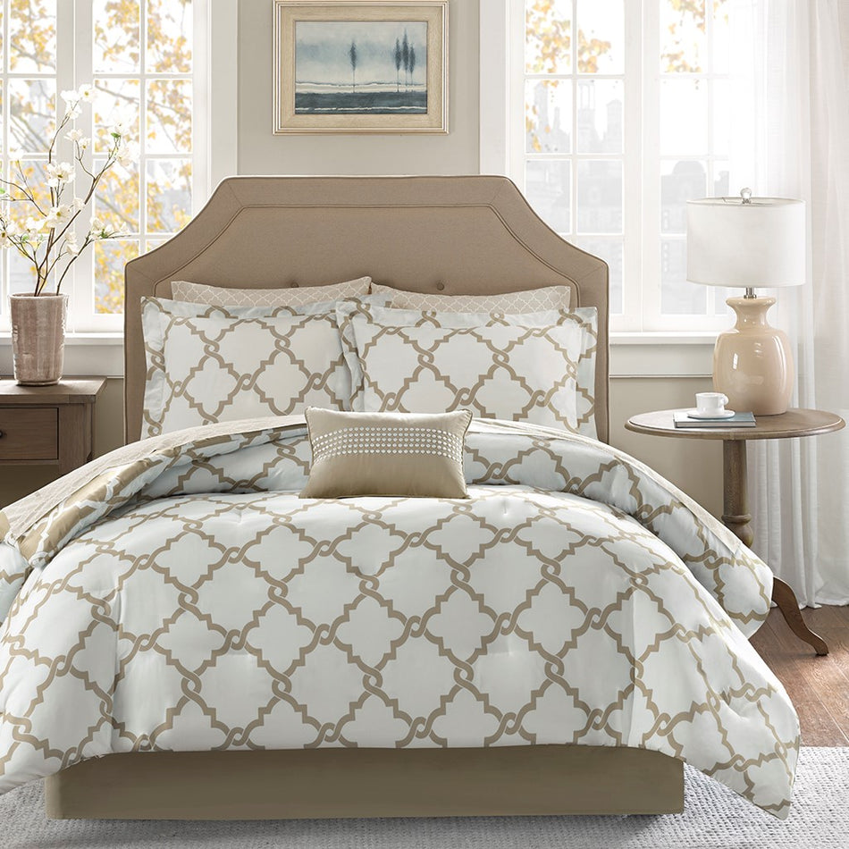 Madison Park Essentials Merritt 9 Piece Comforter Set with Cotton Bed Sheets - Taupe  - Full Size Shop Online & Save - expresshomedirectr.com