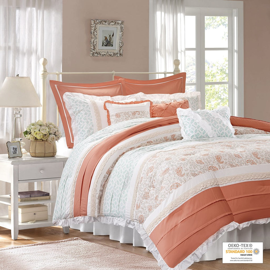 Madison Park Dawn 9 Piece Cotton Percale Comforter Set - Coral - King Size