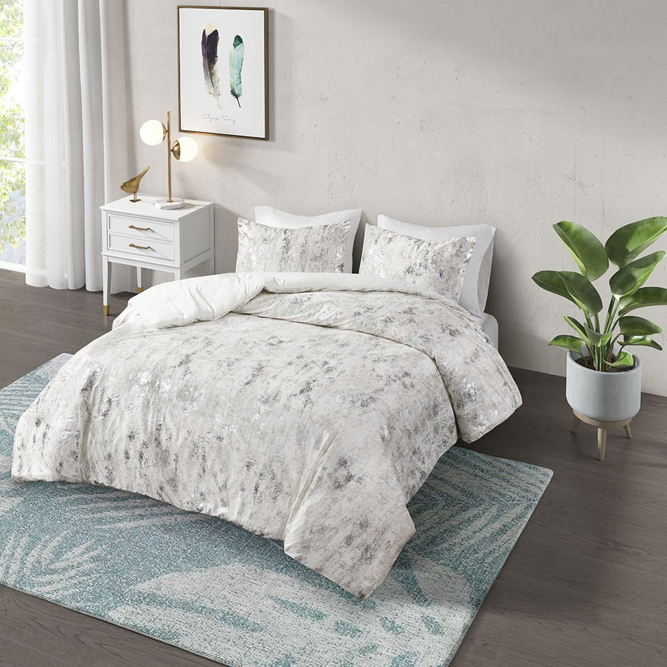 Pearl Metallic Printed Velvet Duvet Cover Set - Ivory - King Size / Cal King Size