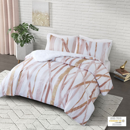 CosmoLiving Jorja Cotton Metallic Printed Duvet Cover Set - Blush / Gold - King Size / Cal King Size