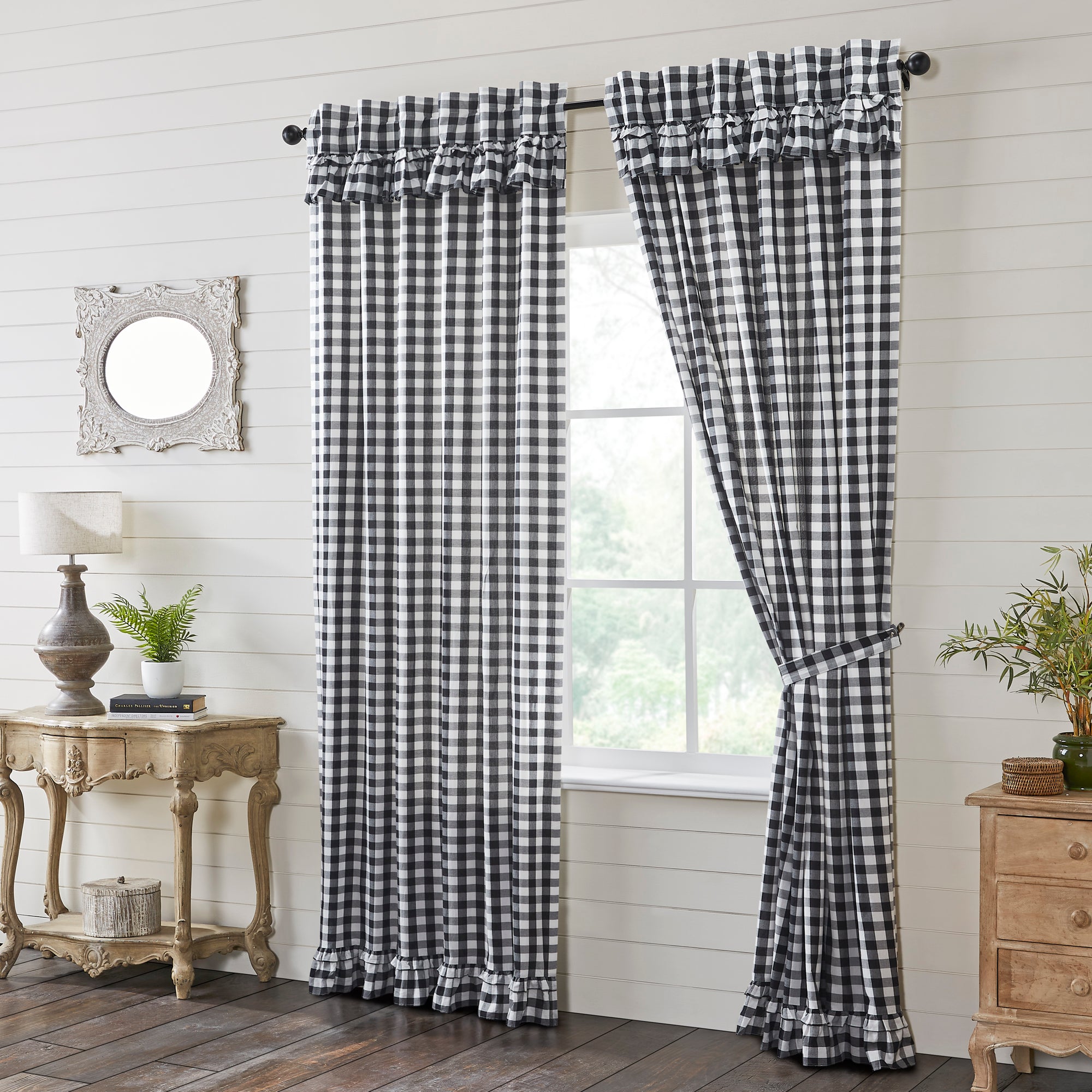 April & Olive Annie Buffalo Black Check Ruffled Panel Set of 2 96x50 By VHC Brands