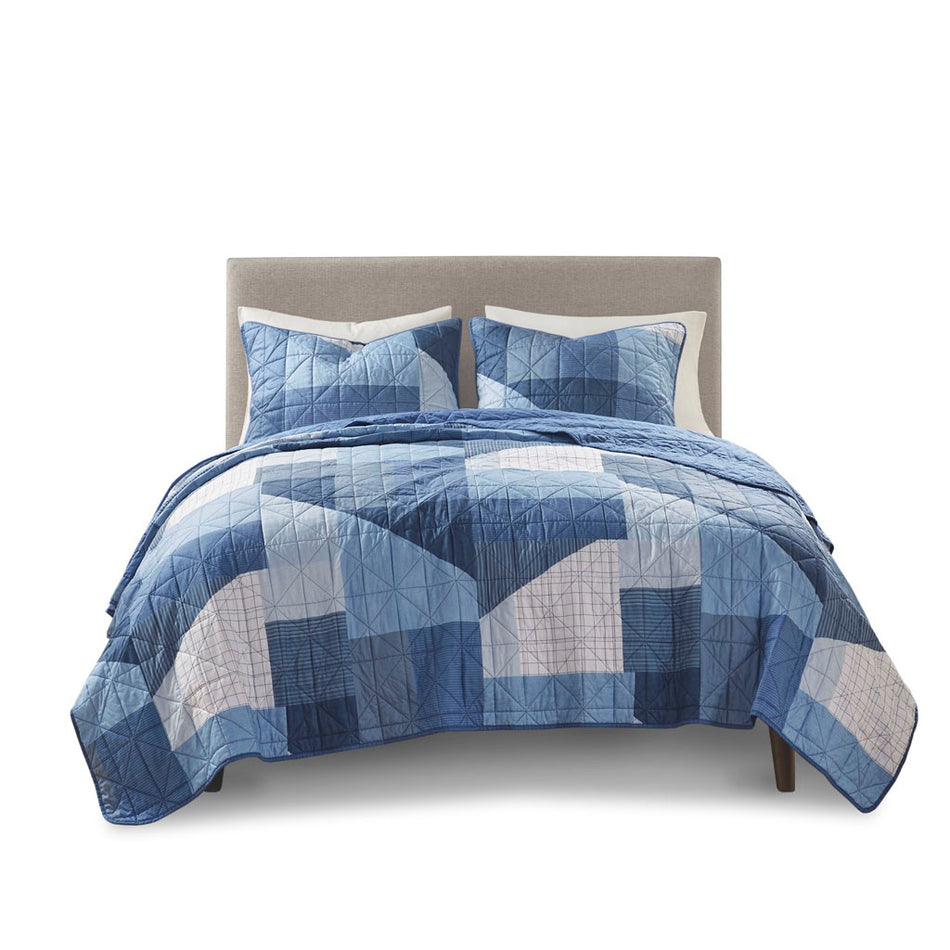 Skyler Patchwork Printed Reversible Quilt Set - Blue - Twin Size / Twin XL Size