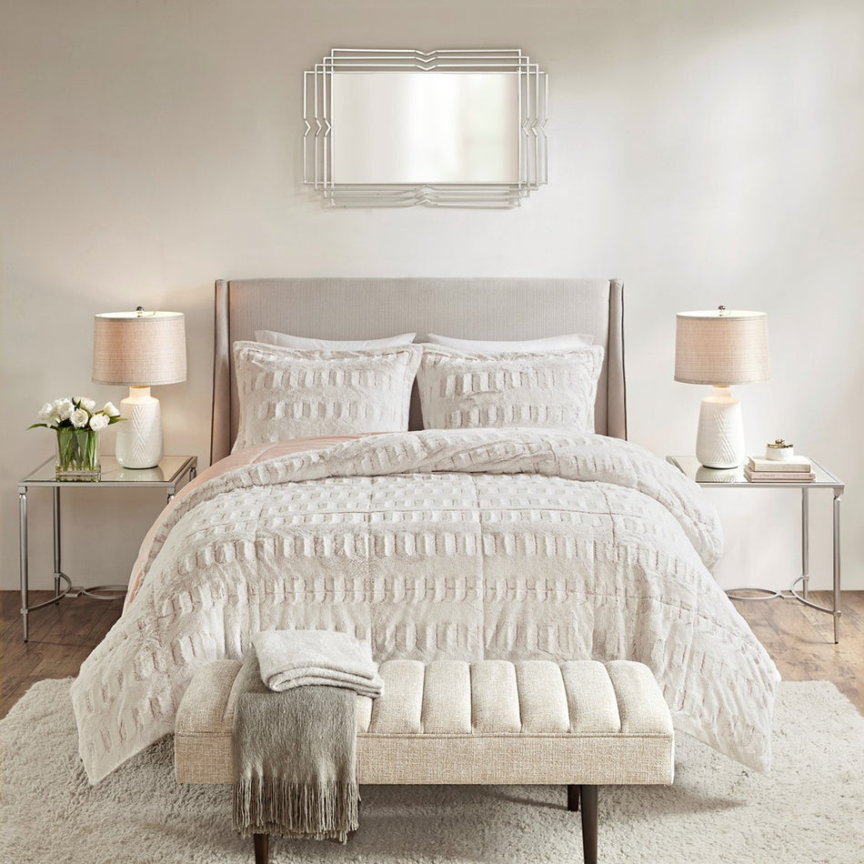 Gia Back Print Long Fur Comforter Mini Set - Blush - Full Size / Queen Size