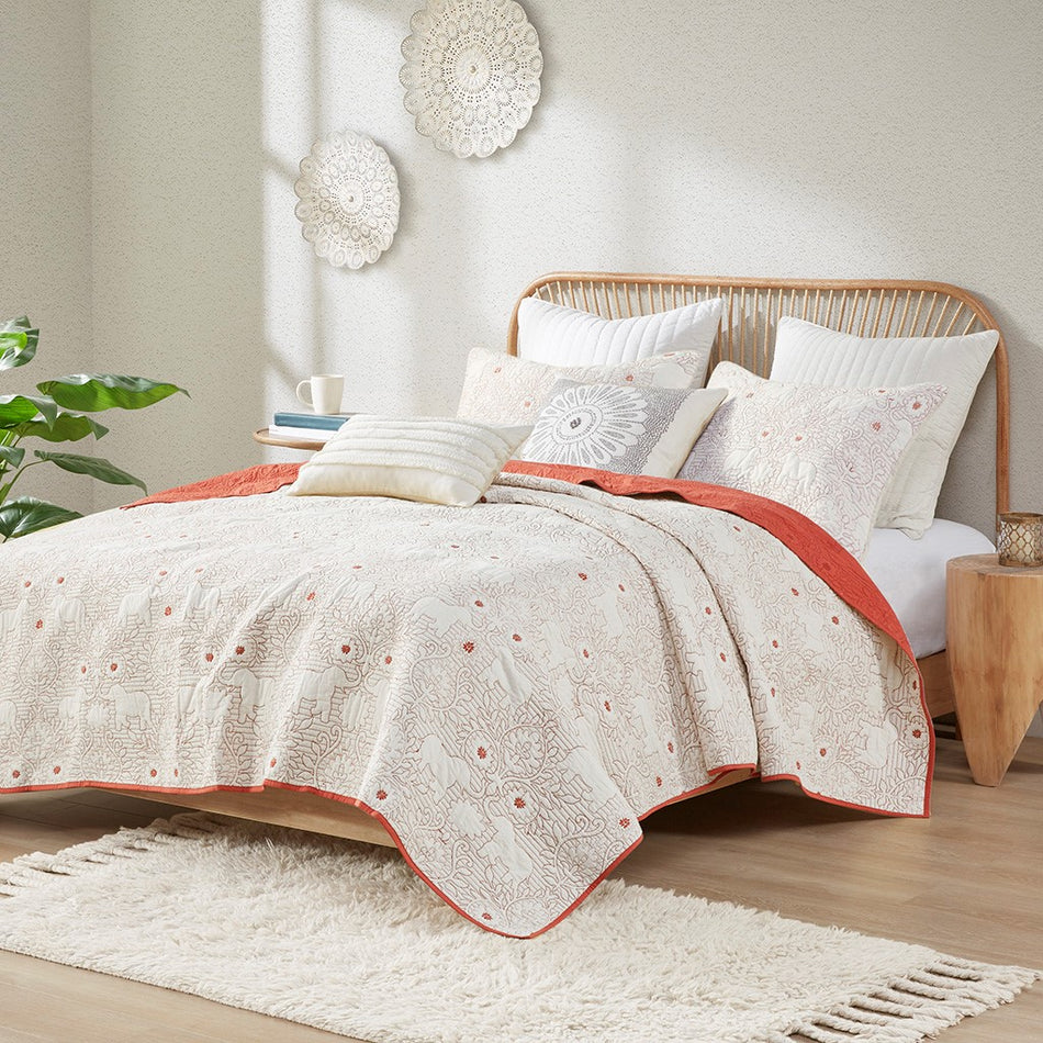 Kandula 3 Piece Reversible Cotton Quilt Set - Coral - King Size / Cal King Size