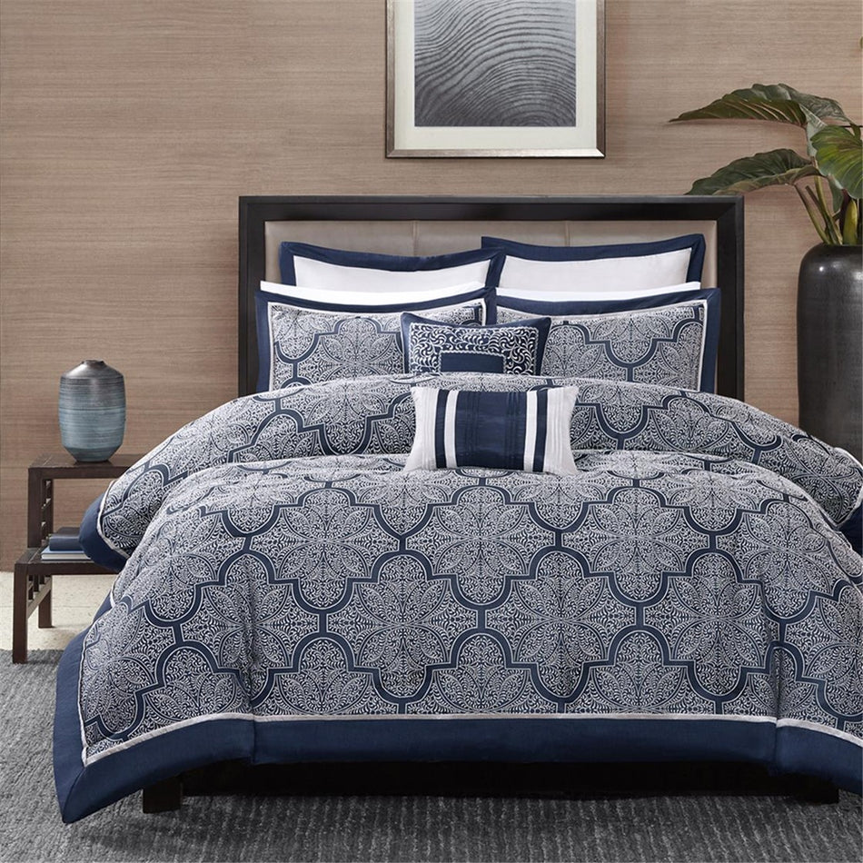 Medina 8 Piece Jacquard Comforter Set - Navy - Queen Size