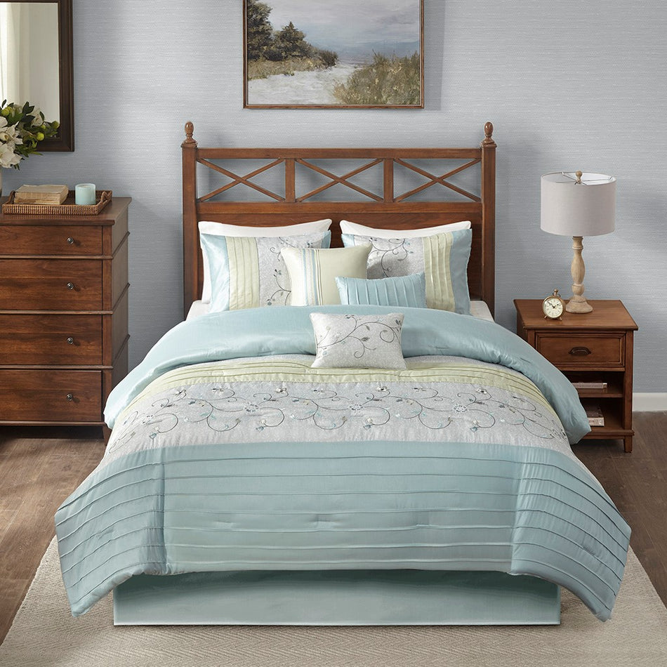 Serene Embroidered 7 Piece Comforter Set - Aqua - King Size