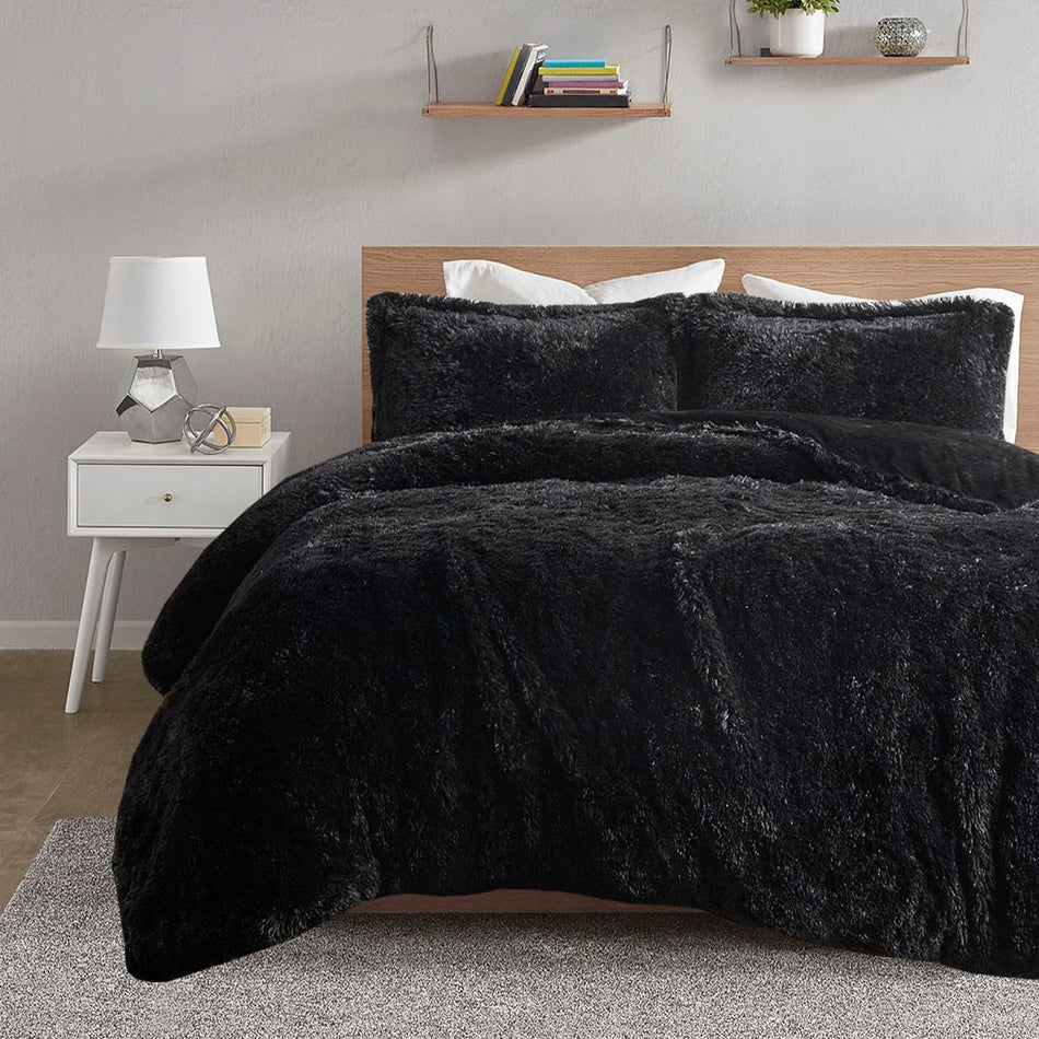 Malea Shaggy Fur Duvet Cover Set - Black - Twin Size