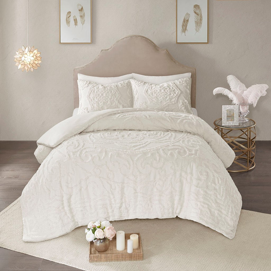 Laetitia 3-Piece Tufted Cotton Chenille Medallion Duvet Cover Set - Off White - Full Size / Queen Size