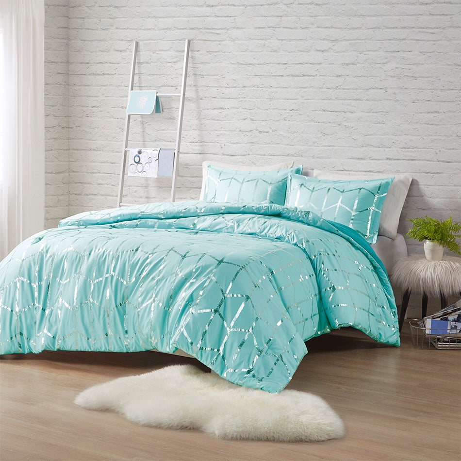 Intelligent Design Raina Metallic Printed Comforter and Sham Set - Aqua / Silver - Full Size / Queen Size