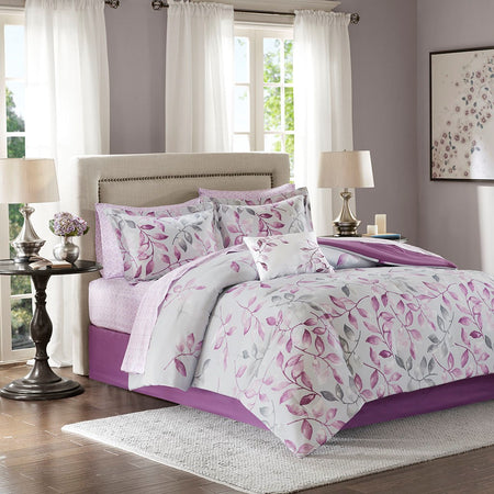 Madison Park Essentials Lafael 9 Piece Comforter Set with Cotton Bed Sheets - Purple - Cal King Size